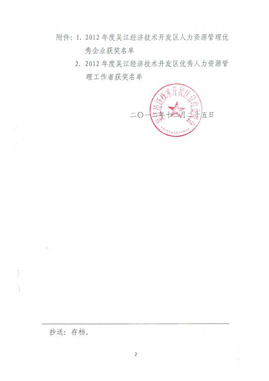 关于表彰2012年度吴江经济技术开发区人力资
